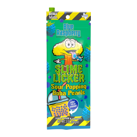Slime Licker Sour Popping Boba Pearls in blue raspberry flavor packaging.