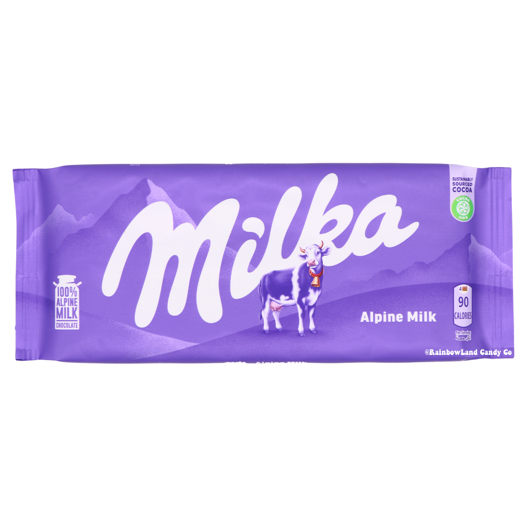 Milka Milk Chocolate Bar with purple packaging and Alpine Milk branding.