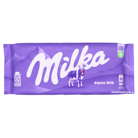Milka Milk Chocolate Bar with purple packaging and Alpine Milk branding.