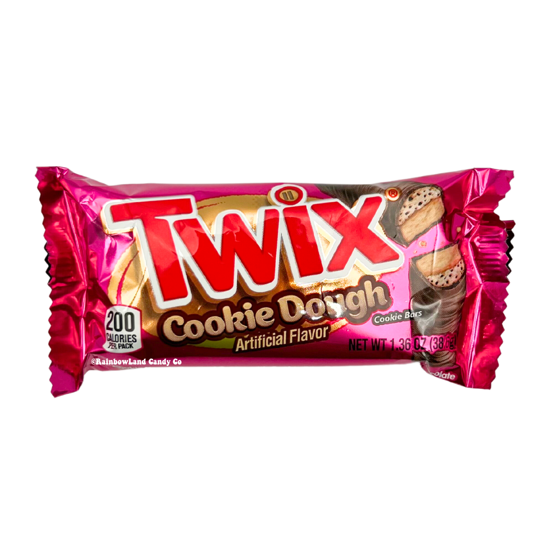 Twix Cookie Dough bar with cookie dough creme, cookie bits, and milk chocolate.