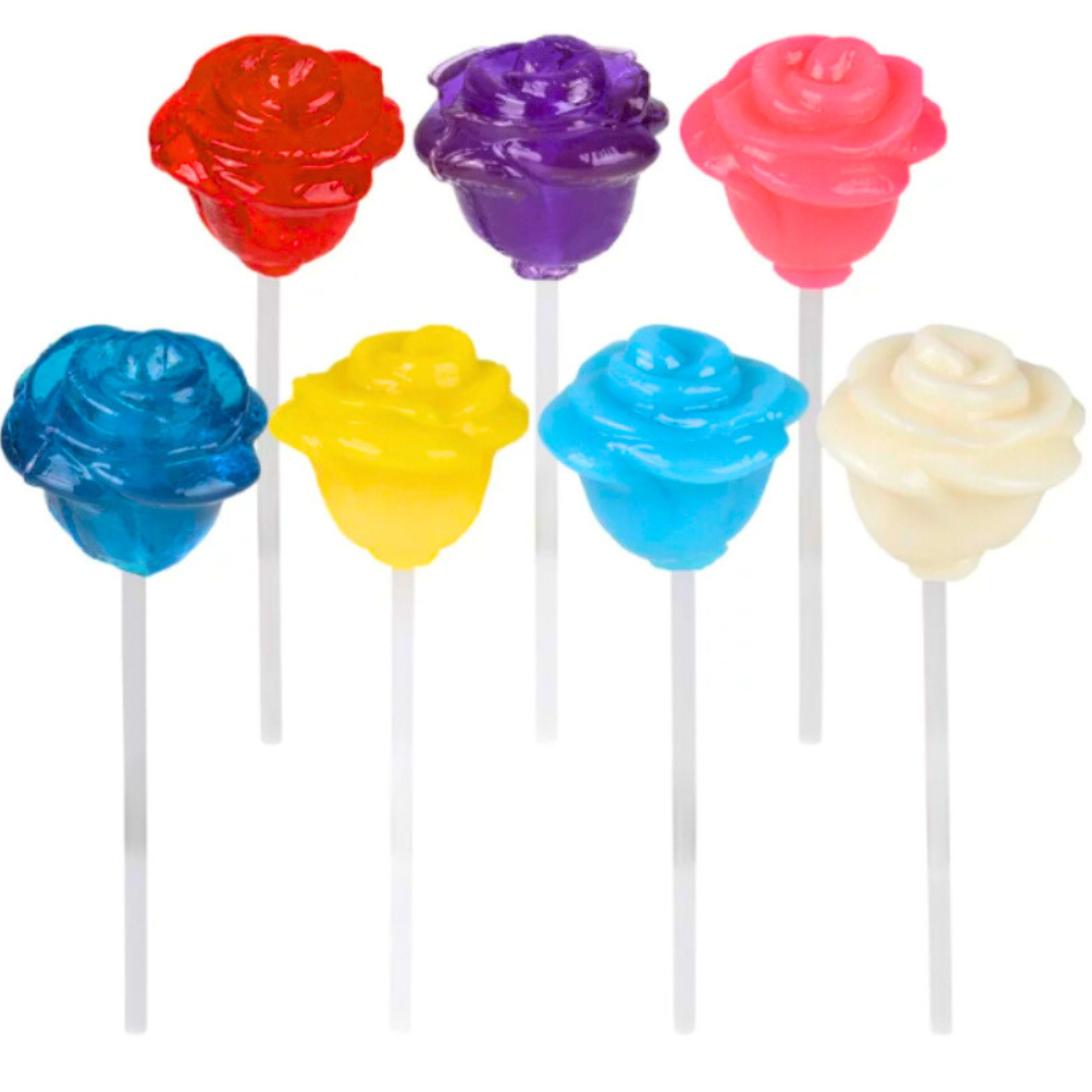 Rose-shaped lollipops in assorted vibrant colors.