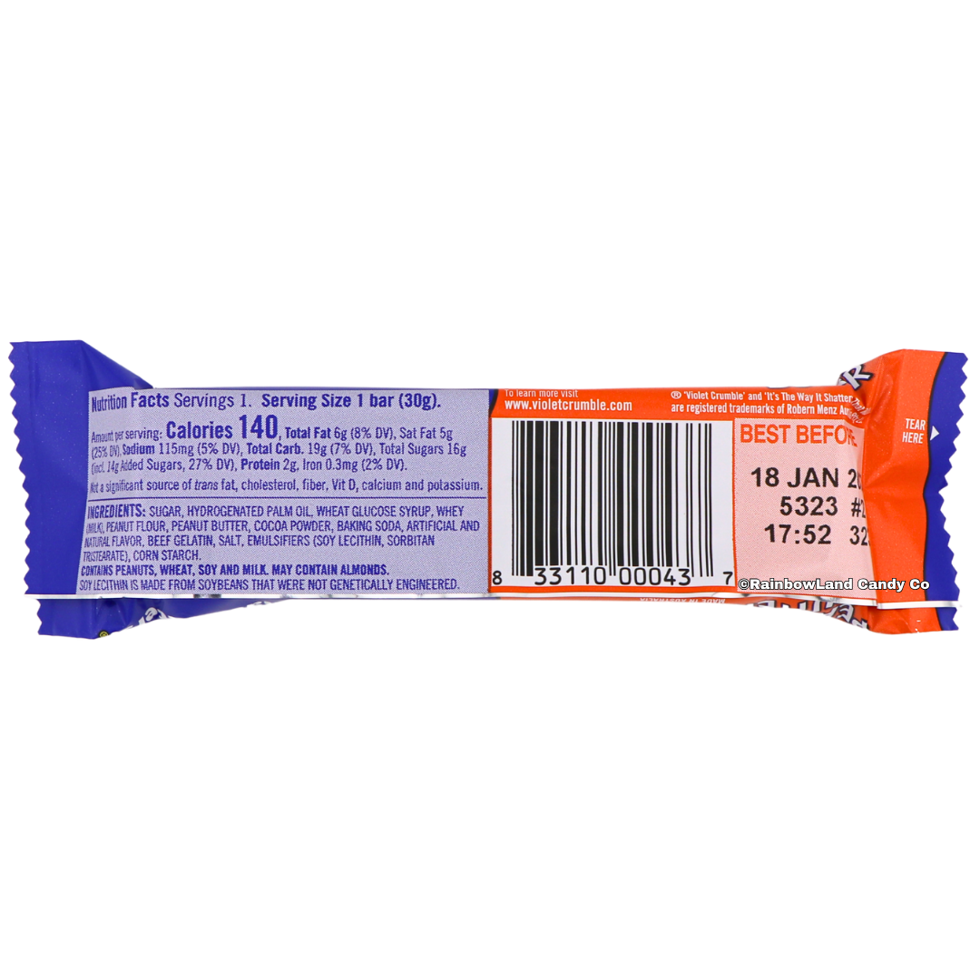 Back of the Violet Crumble Peanut Butter Bar wrapper showing nutrition facts, ingredients list, and UPC barcode on a blue and orange background.