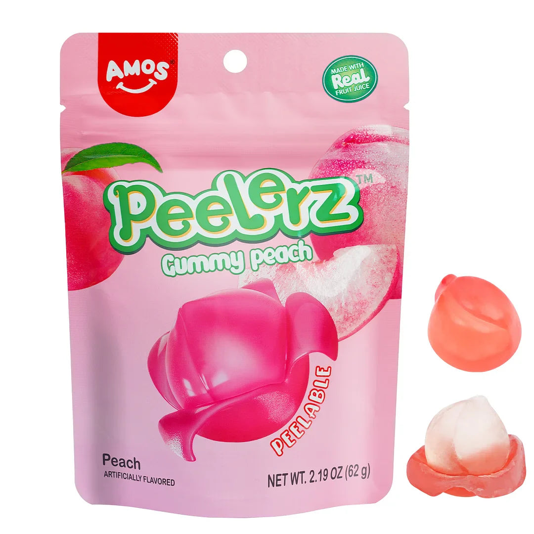 Gummy Peach Peelerz - peelable gummies with chewy shell and soft inside, 2.19 oz bag.