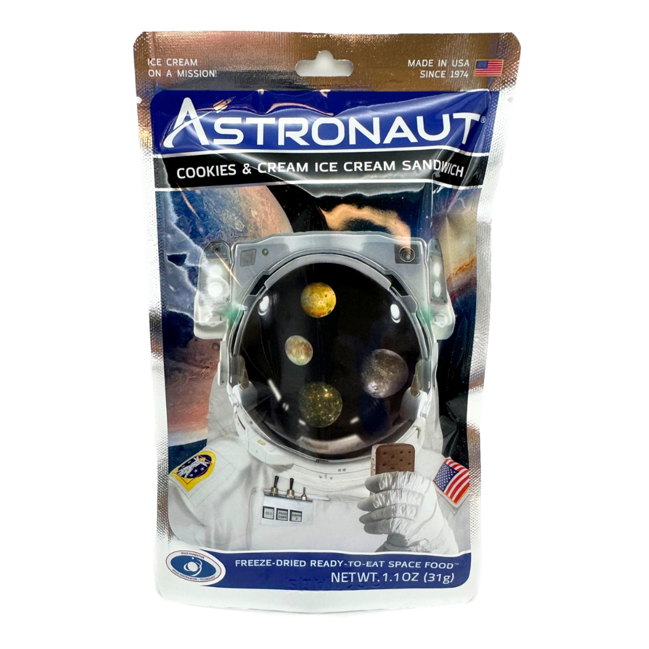Astronaut freeze-dried cookies & cream ice cream sandwich packaging.