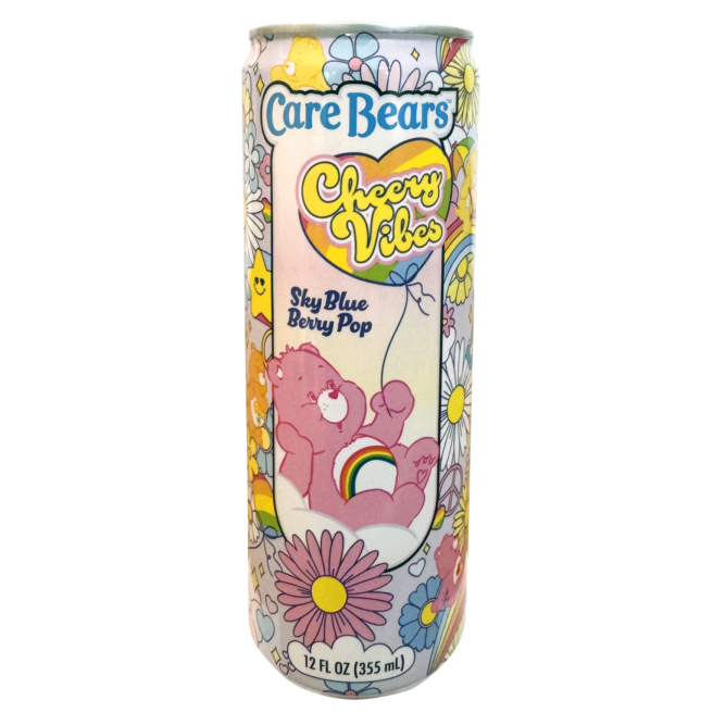Care Bears Cheery Vibes Sky Blue Berry Pop Drink can with colorful design featuring Care Bear illustration.