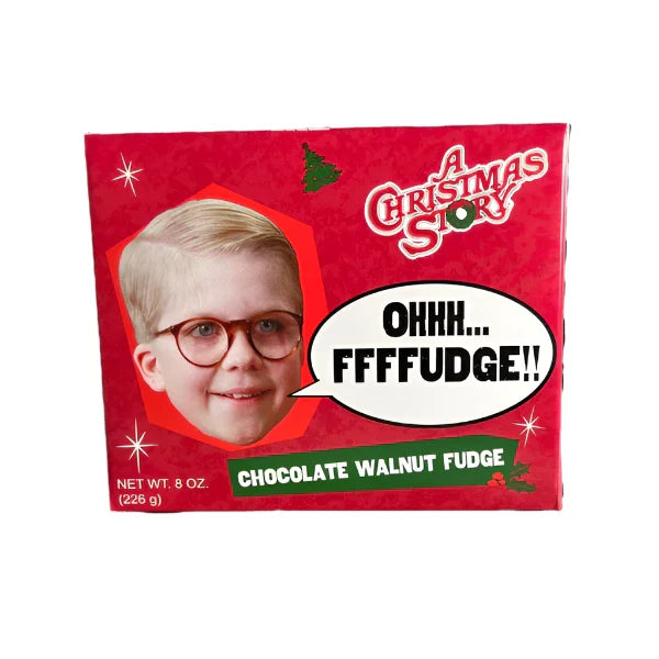 A Christmas Story chocolate walnut fudge packaging with holiday theme.