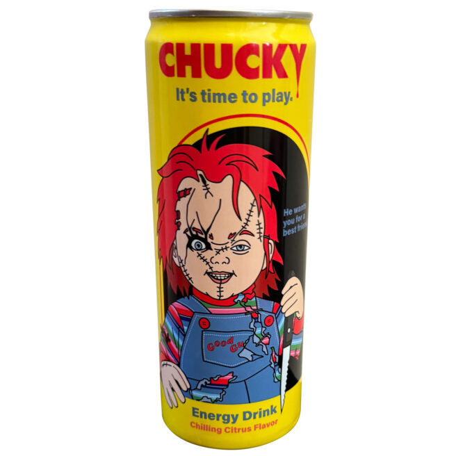 Chucky "It's time to play" Energy Drink can with chilling citrus flavor design.