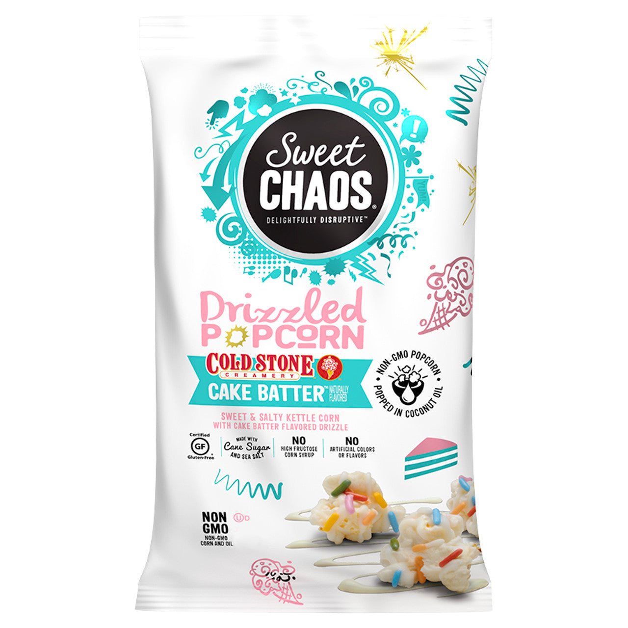 Sweet Chaos Drizzled Popcorn Cold Stone Cake Batter packaging with sweet and salty kettle corn and cake batter drizzle.