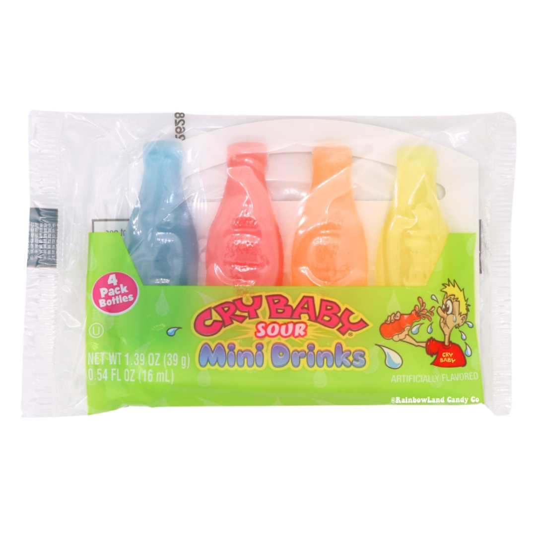 Cry Baby Sour Mini Drinks 4-pack 1.39oz featuring four colorful sour liquid candy mini bottles in Blasting Blue Raspberry blue, Charging Cherry red, Overload Orange orange, and Lightning Lemon yellow on green Cry Baby branded packaging.