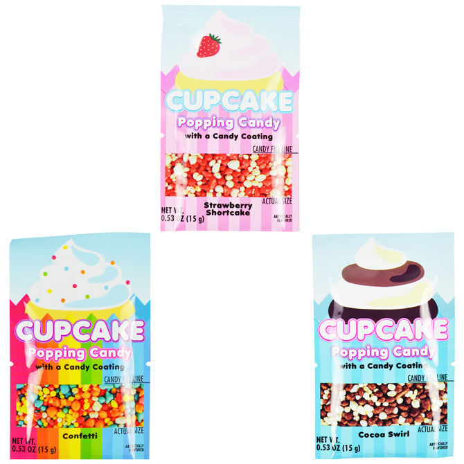Cupcake Popping Candy in Confetti, Cocoa Swirl, and Strawberry Shortcake flavors packaging.