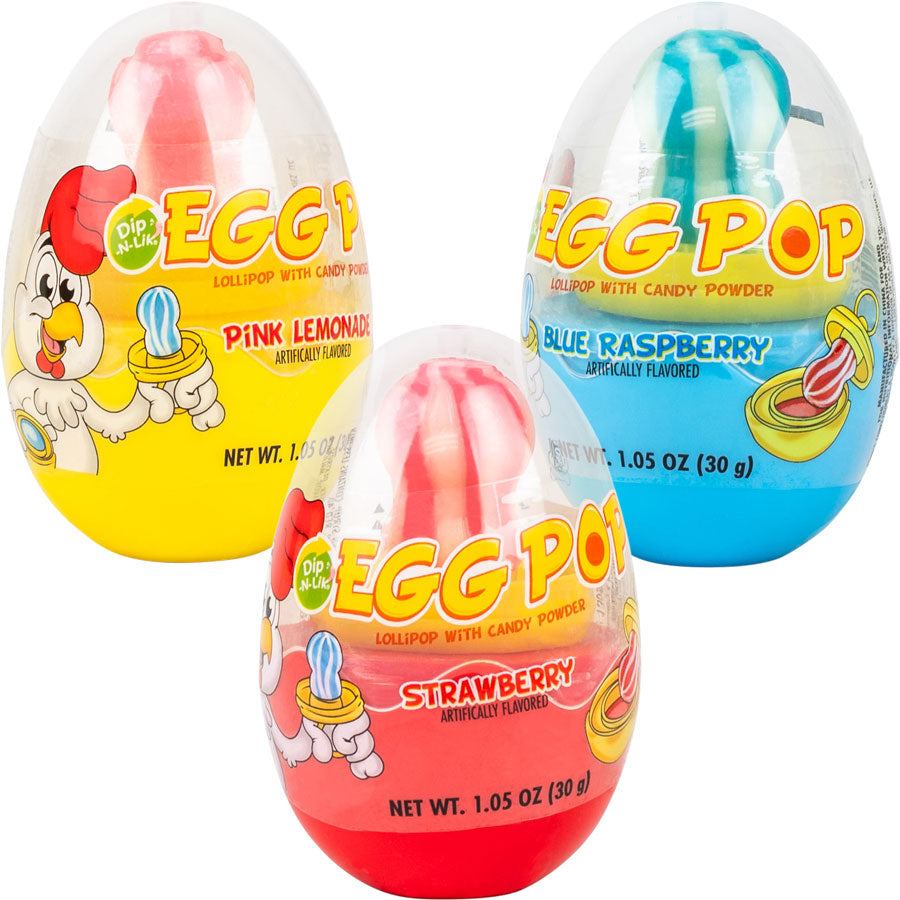 Egg Pop Dip-N-Lik candy in strawberry, blue raspberry, and pink lemonade flavors.