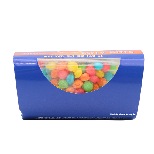 Dippin' Dots Taffy Bites Rainbow Ice 2.1 oz cup in dark blue packaging with an orange label, showing colorful taffy bites visible through a clear window on the front.