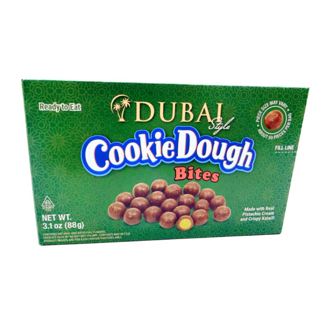 Dubai Style Cookie Dough Bites 3.1oz box with pistachio cream and crispy kataifi, chocolate covered candy bites.