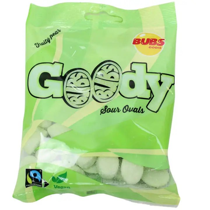 Bubs Pear Sour Ovals vegan candy bag from Sweden at RainbowLand Candy Co.