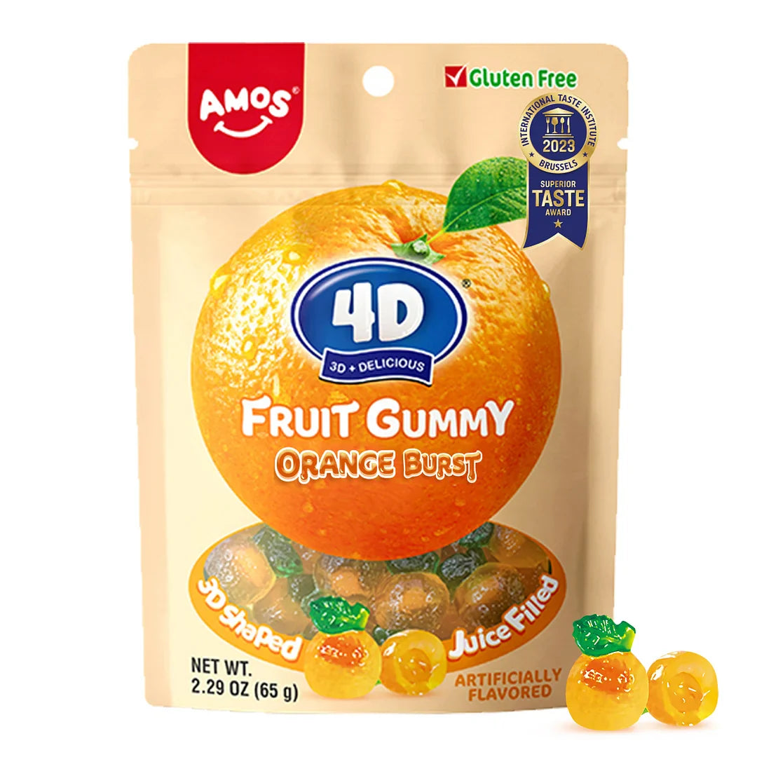 4D Orange Juicy Burst Gummies in a 2.29 oz bag with 3D gummy orange shapes, juice-filled centers.