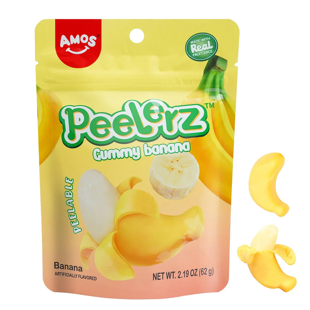 Peelable Gummy Banana Peelerz in 2.19 oz bag with chewy outer shell and soft inside.