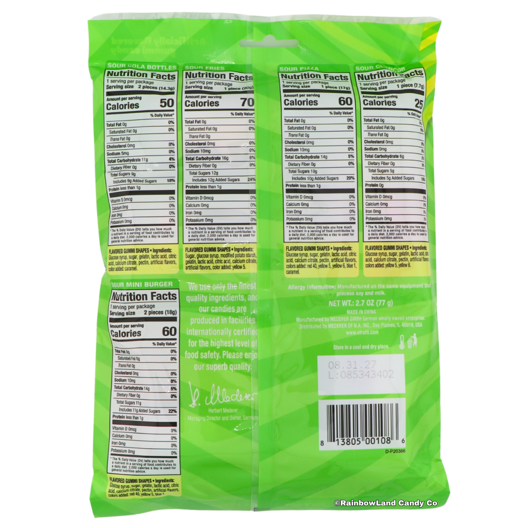 Back of Efrutti Sour Gummi Lunch Bag packaging showing nutrition facts and ingredient labels for Sour Gola Bottles, Sour Fries, Sour Pizza, Sour Corn, and Sour Mini Burger, with net weight 2.7 oz (77 g) on a bright green background.