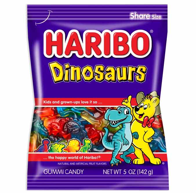 Haribo Gummy Dinosaurs candy bag with colorful dinosaur-shaped gummies, 5 oz size.