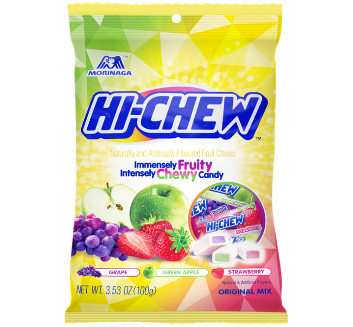 Hi-Chew Peg Bag with grape, green apple, and strawberry flavors, 3.53 oz package.