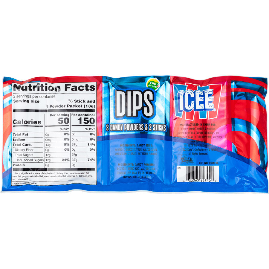 ICEE Dips Candy packaging with nutritional facts, featuring three candy powders and two sticks.