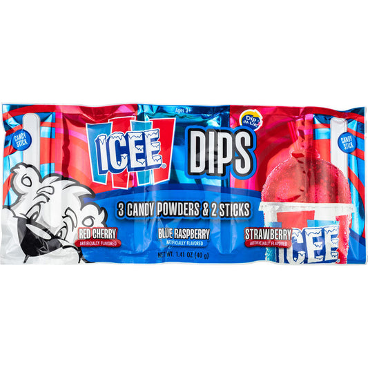 ICEE Dips Candy with cherry, raspberry, and strawberry powders and candy sticks.