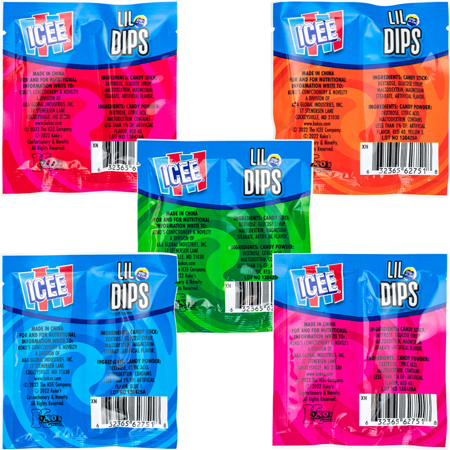 ICEE Lil Dips candy packs in various flavors including Blue Raspberry, Red Cherry, Watermelon, Orange, and Strawberry.