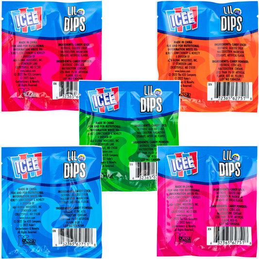 ICEE Lil Dips candy packs in various flavors including Blue Raspberry, Red Cherry, Watermelon, Orange, and Strawberry.