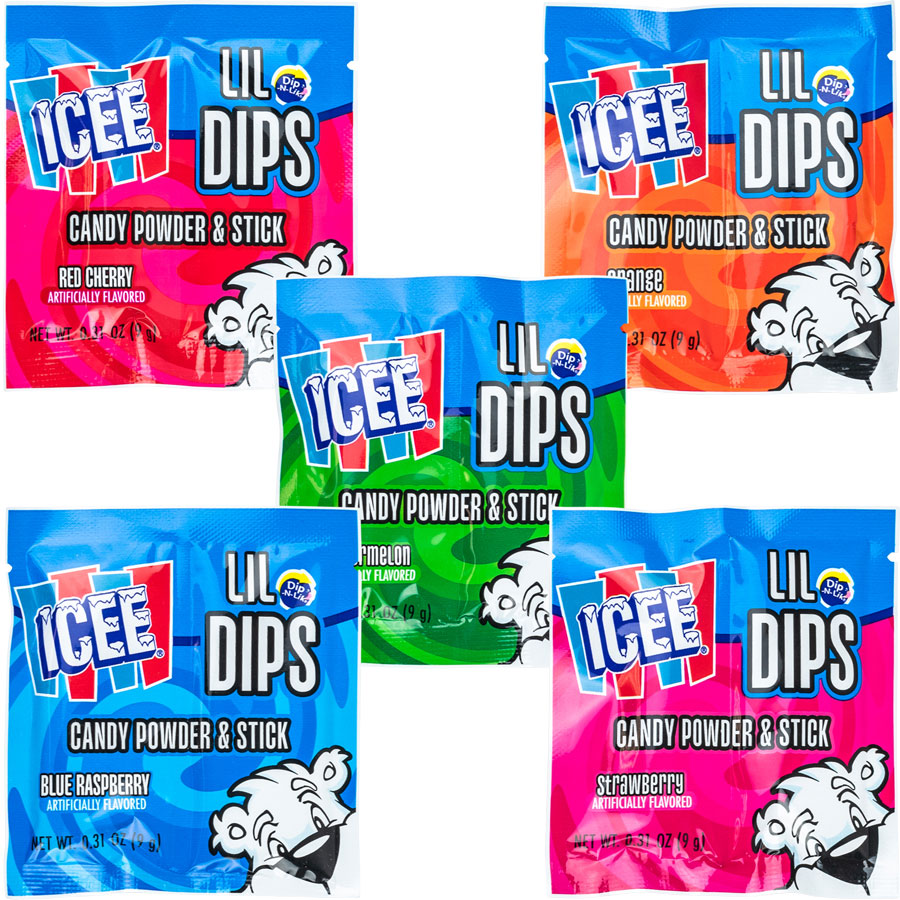 ICEE Lil Dips candy powder and stick in assorted flavors.