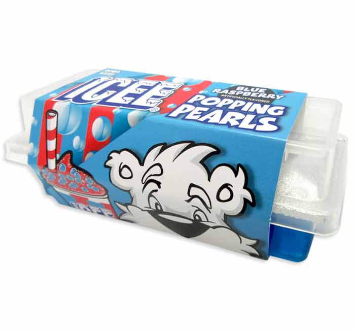 ICEE Popping Pearls Blue Raspberry packaging for adding flavor to drinks.