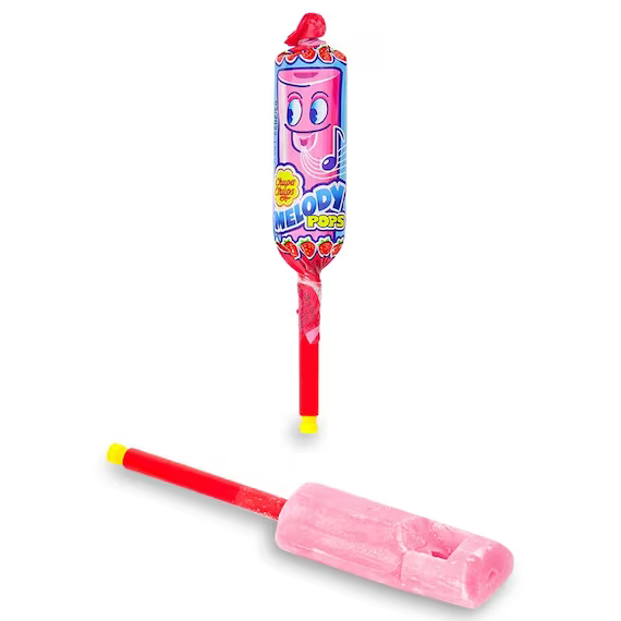 Melody Pops lollipop with built-in whistle and colorful packaging.