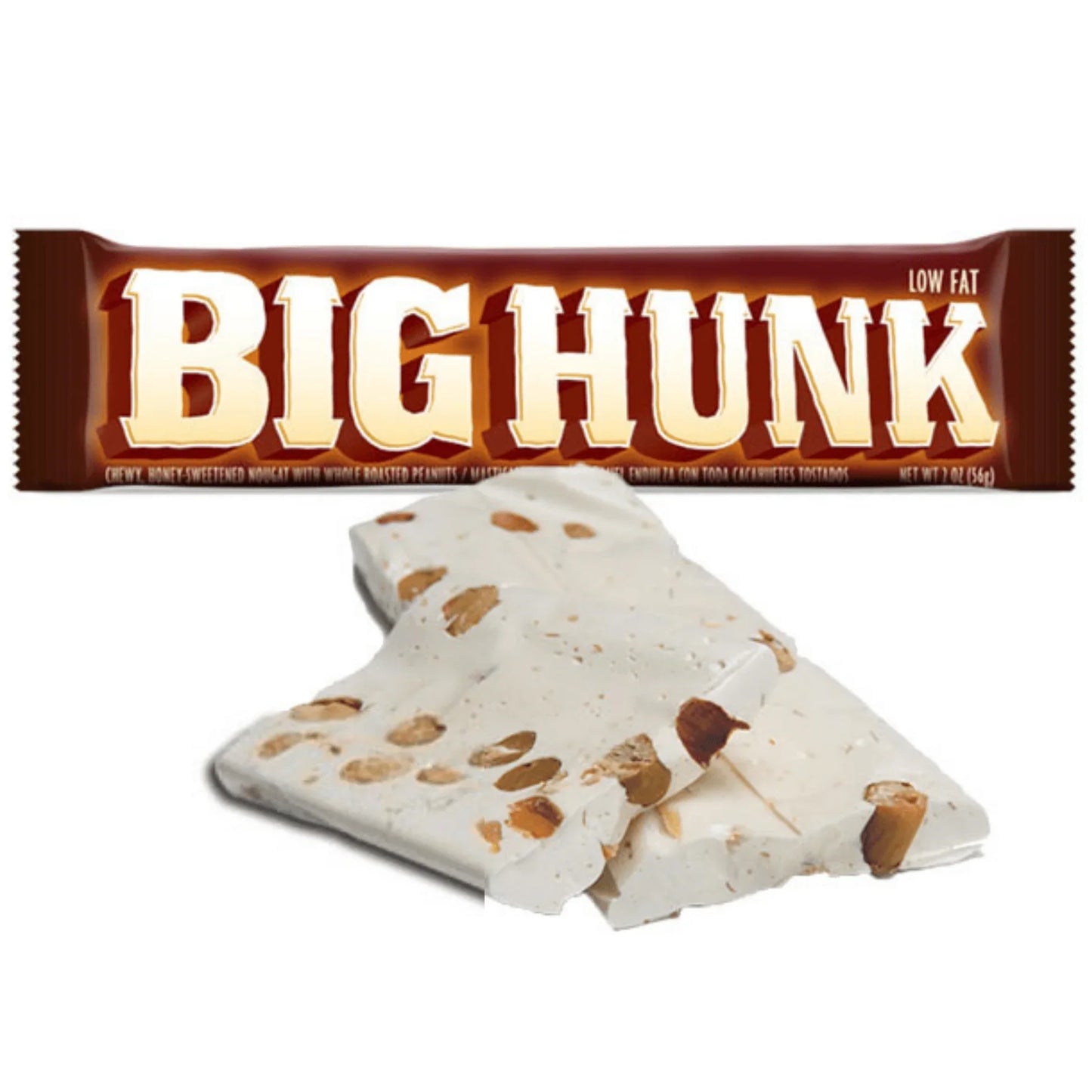 Big Hunk Candy Bar with chewy honey nougat and roasted peanuts.