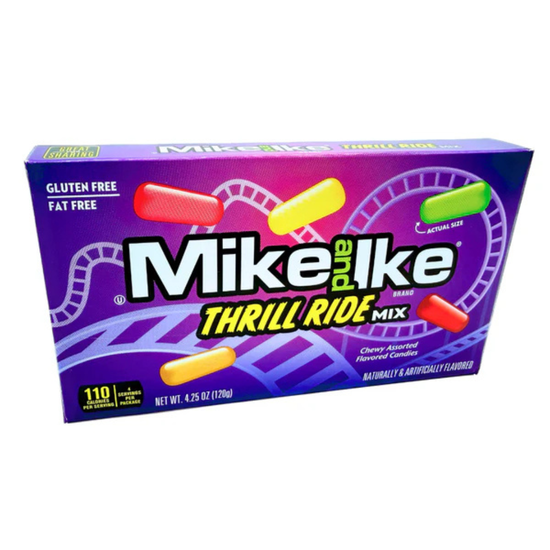 Mike and Ike Thrill Ride Mix chewy candy box featuring assorted fruity flavors in colorful candy pieces with amusement park themed packaging.