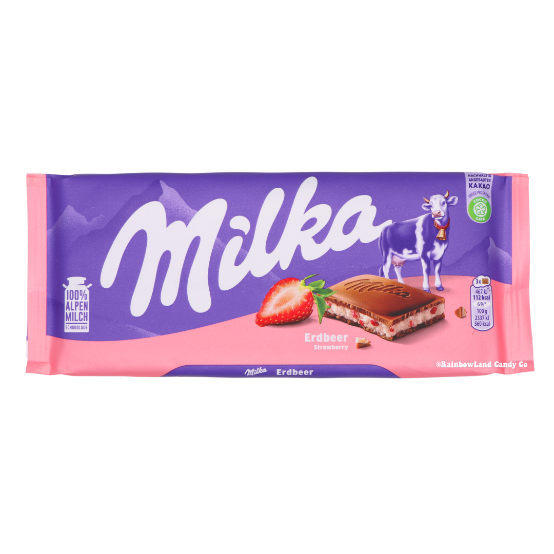 Milka Strawberry Chocolate Bar wrapper, purple and pink packaging with the Milka logo, cow illustration, and a fresh strawberry, showing a chocolate square with visible pink strawberry filling, net weight 3.52 oz.
