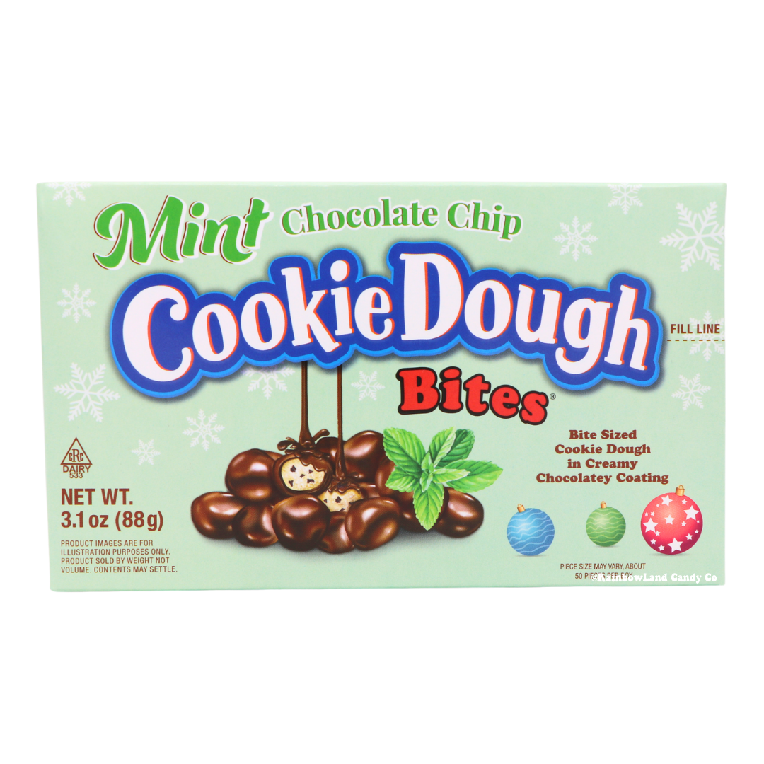 Mint Chocolate Chip Cookie Dough Bites, 3.1 oz theater box in light green packaging with mint leaf imagery and chocolate-covered cookie dough bites shown on the front label.