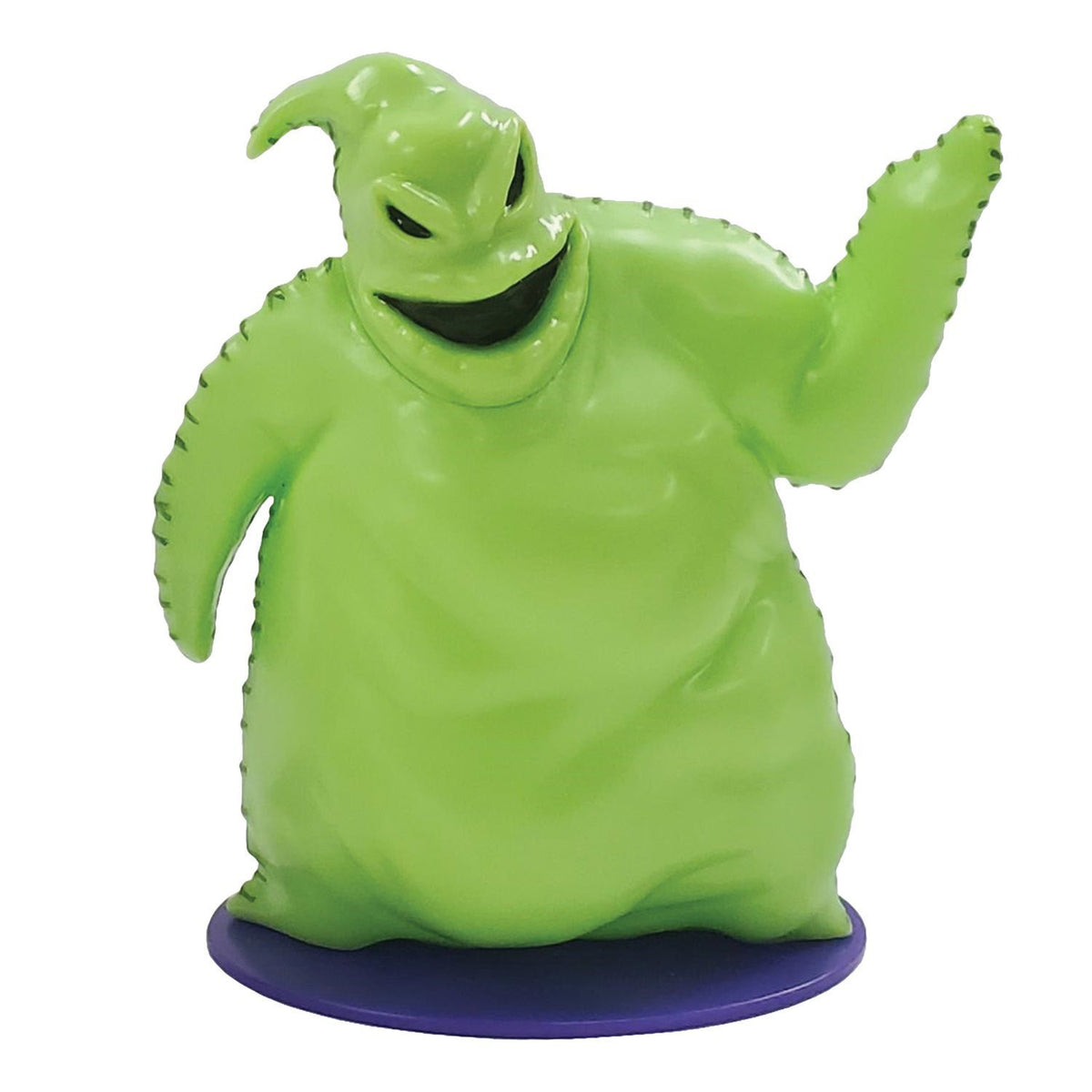 Oogie Boogie collectible mini figure and candy case, bright green burlap-textured body with stitched seams and a wide toothy grin, standing on a purple display base.