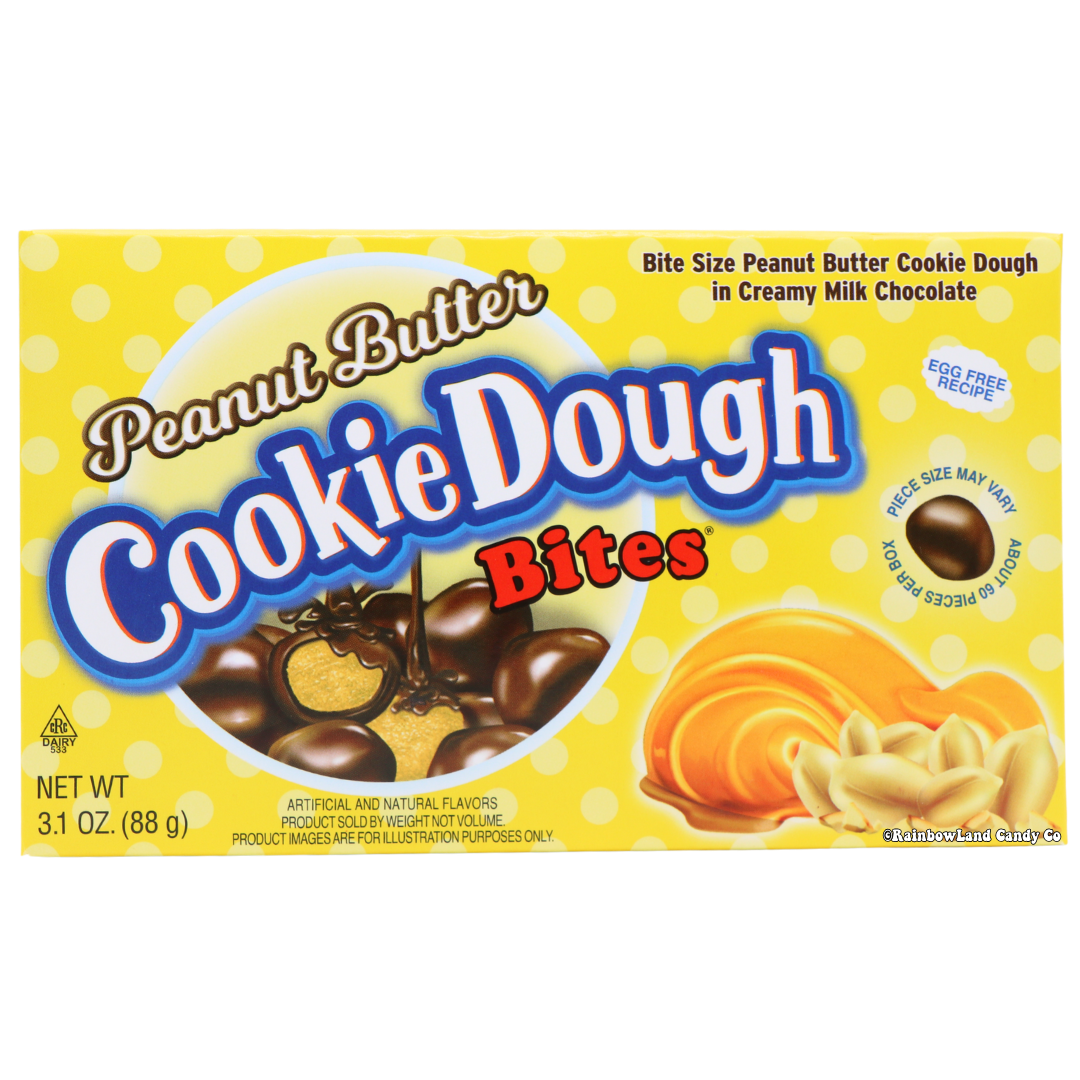 Peanut Butter Cookie Dough Bites candy box with milk chocolate coated peanut butter cookie dough pieces.