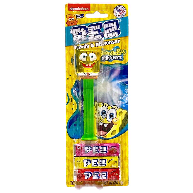 PEZ SpongeBob candy dispenser with fruit-flavored Pez rolls.