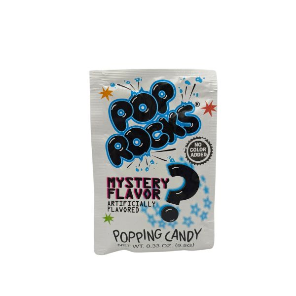 White 0.33 oz Pop Rocks Mystery Flavor popping candy pouch featuring a question mark graphic, "No Color Added" badge, and Pop Rocks branding on a white background.