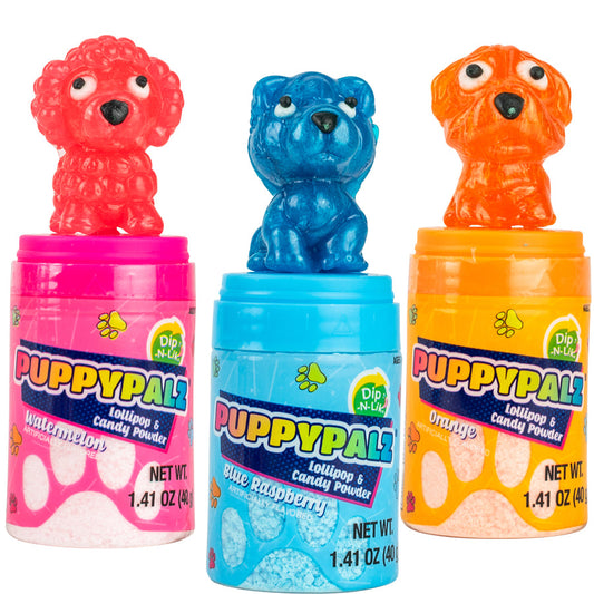 Puppy Palz Dip-N-Lik lollipop with candy powder in Blue Raspberry, Watermelon, Orange flavors.