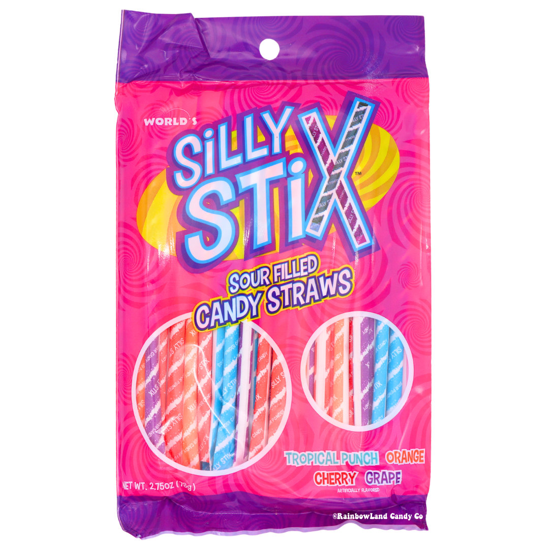 World's Silly Stix Sour Powder Candy Straws, 2.75 oz bag in hot pink and purple packaging featuring Tropical Punch, Orange, Cherry, and Grape flavored paper-wrapped powder candy straws displayed on the front.