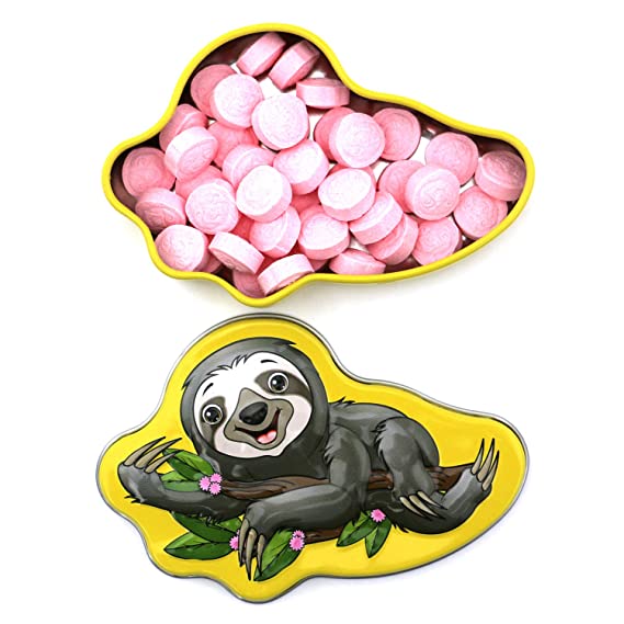 Sloth Candy Tin with sour strawberry candies featuring sloth faces.