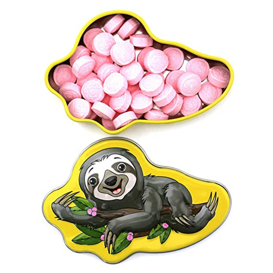 Sloth Candy Tin with sour strawberry candies featuring sloth faces.