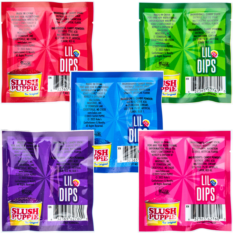 Slush Puppie Lil Dips candy packs in five flavors: Blue Raspberry, Cherry, Strawberry, Grape, Watermelon.