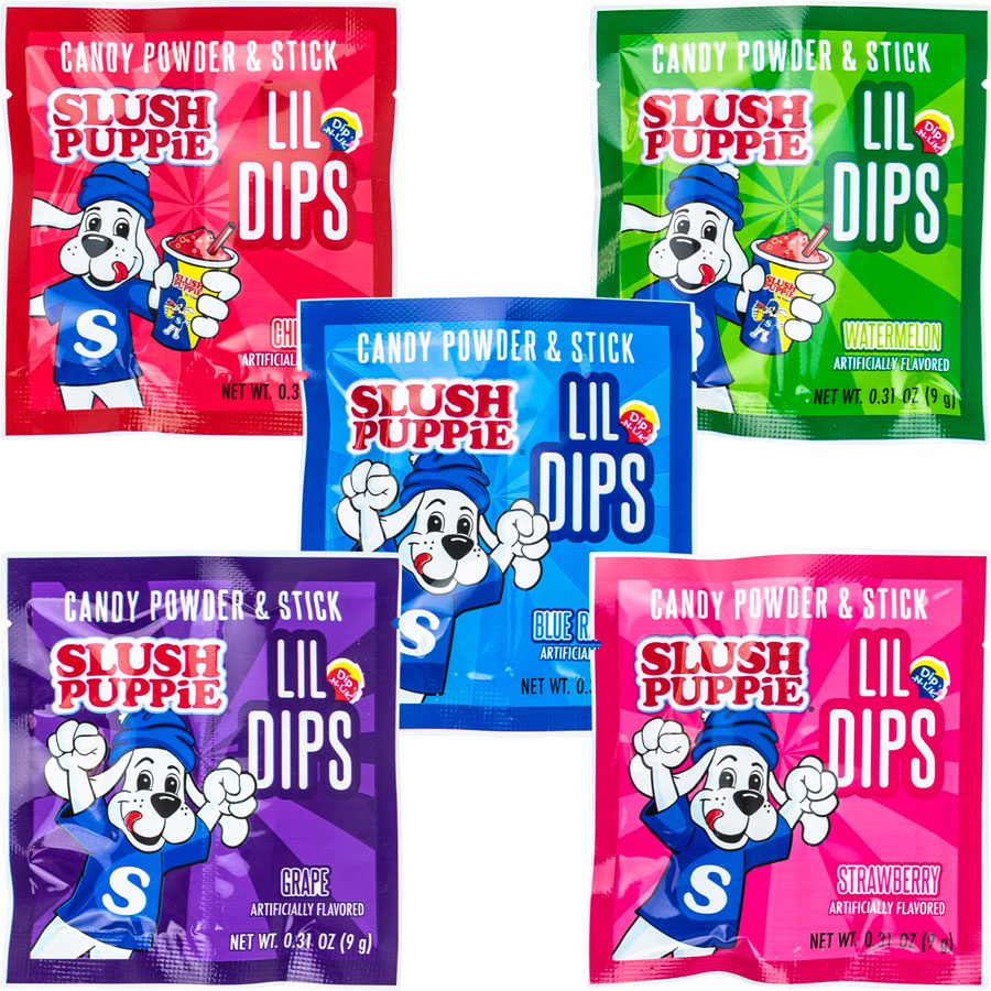 Slush Puppie Lil Dips candy packs, variety of flavors including Blue Raspberry, Cherry, Strawberry, Grape, and Watermelon.