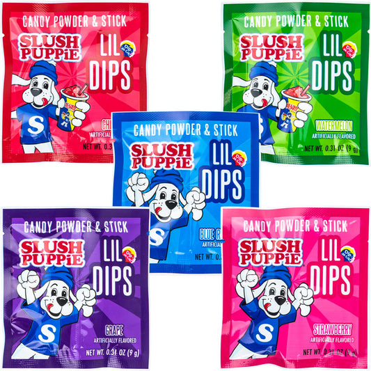 Slush Puppie Lil Dips candy packs, variety of flavors including Blue Raspberry, Cherry, Strawberry, Grape, and Watermelon.