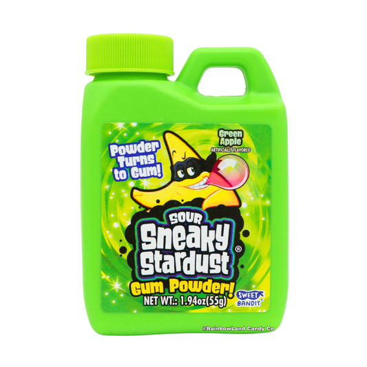 Sneaky Stardust Sour Gum Powder bottle in green apple flavor, featuring a jug-style container with a bandit mascot blowing a bubble.