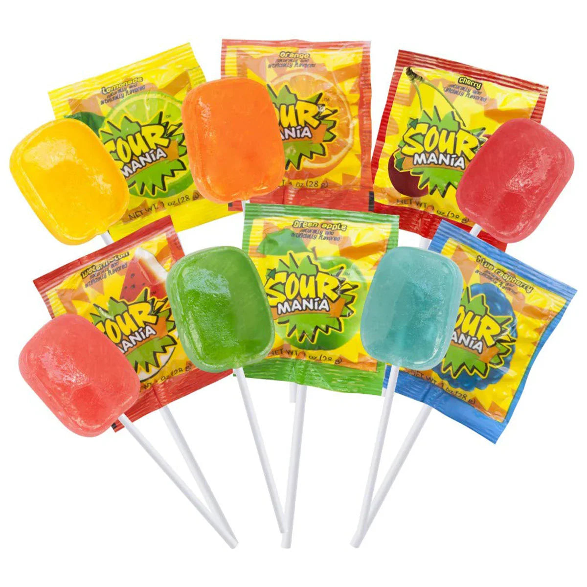 Sour Mania Lollipop assortment with vibrant colors and packaging.
