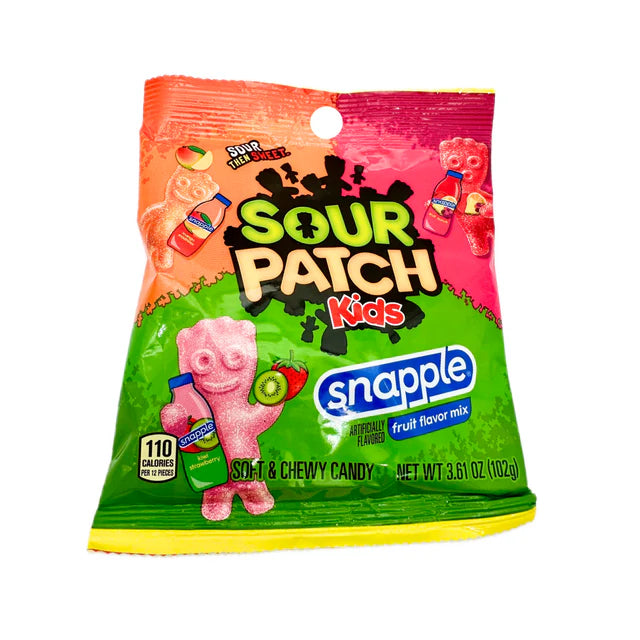 Sour Patch Kids Snapple gummies bag, 3.6 oz, featuring Fruit Punch, Kiwi Strawberry, and Mango Madness flavors.