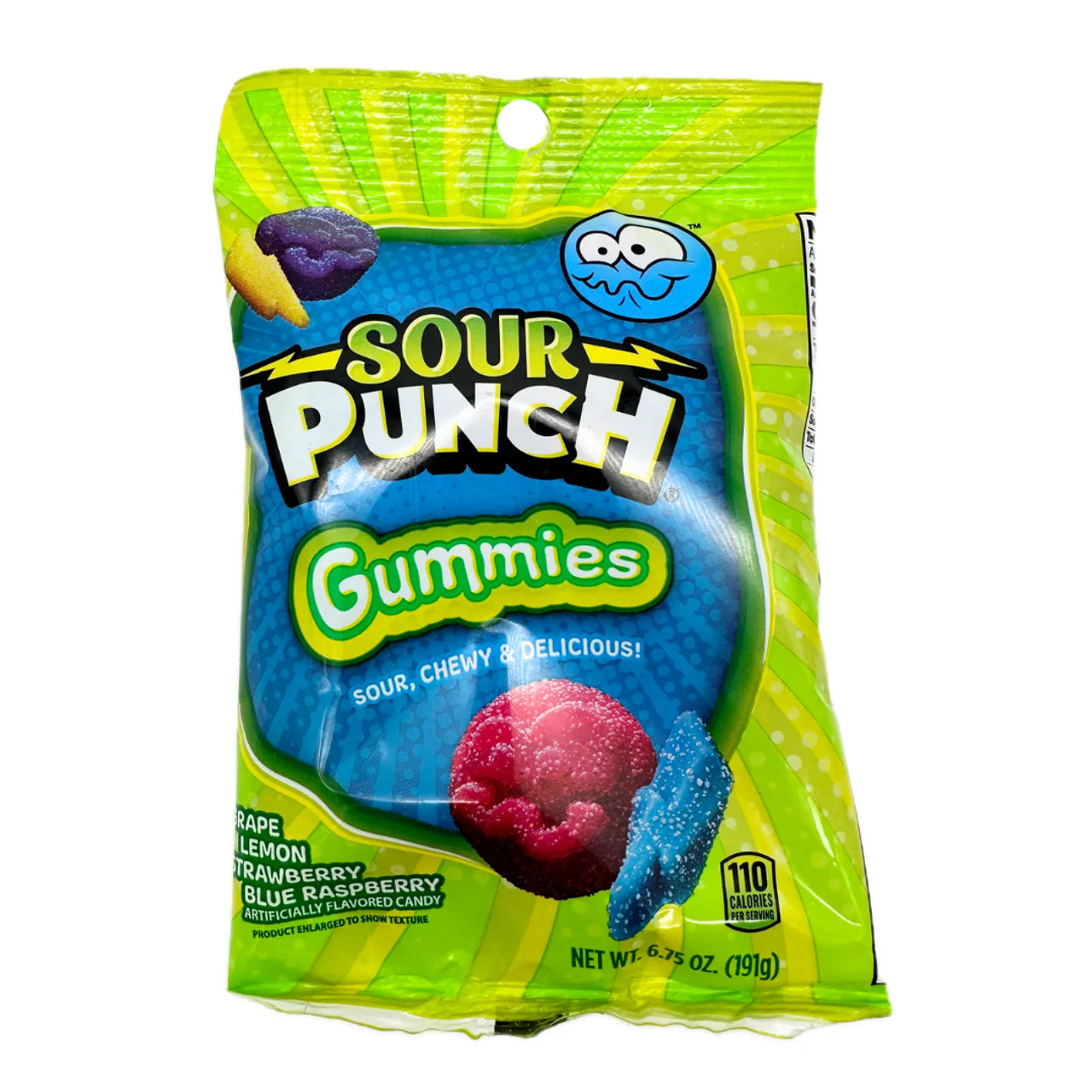 Sour Punch Gummies bag with Grape, Lemon, Strawberry, and Blue Raspberry flavors, 6.75 oz.