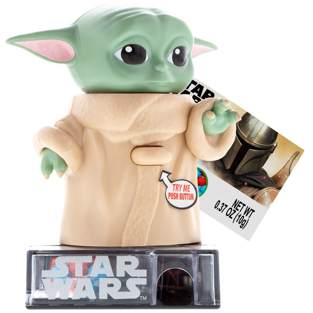 Star Wars candy dispenser featuring Grogu Baby Yoda figure that dispenses candy and plays sound effects.